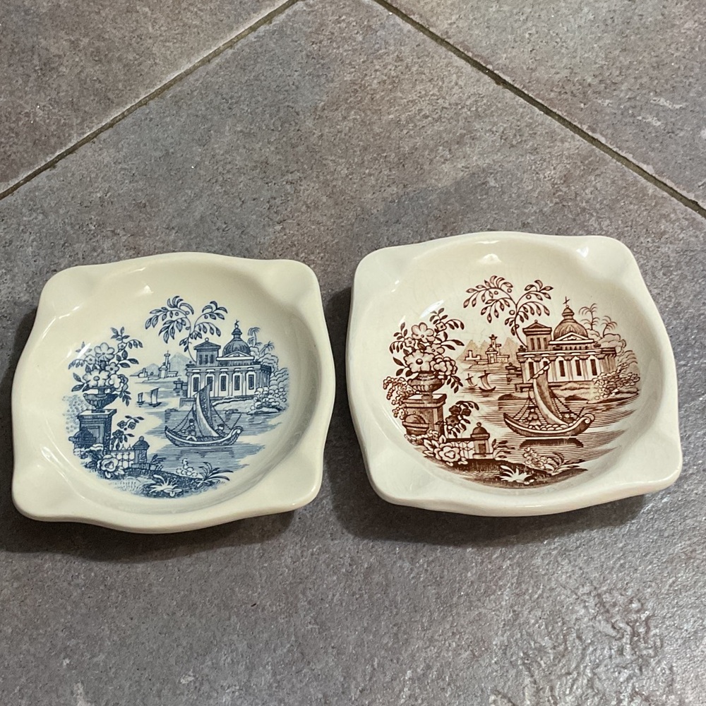 Scenic Blue and Brown Ceramic ashtrays made in Spain.